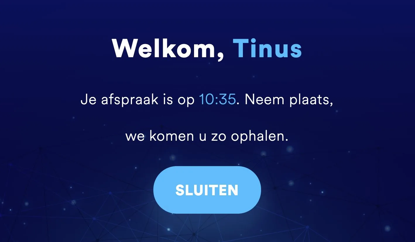 Welkomscherm van de Nedap ONS Aanmeldzuil met een persoonlijke begroeting