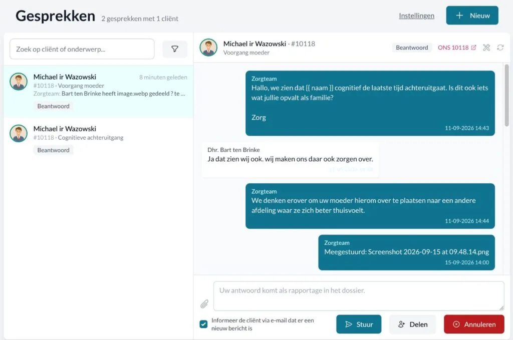 Communicatiegemak: postvak met gesprekken voor het zorgteam